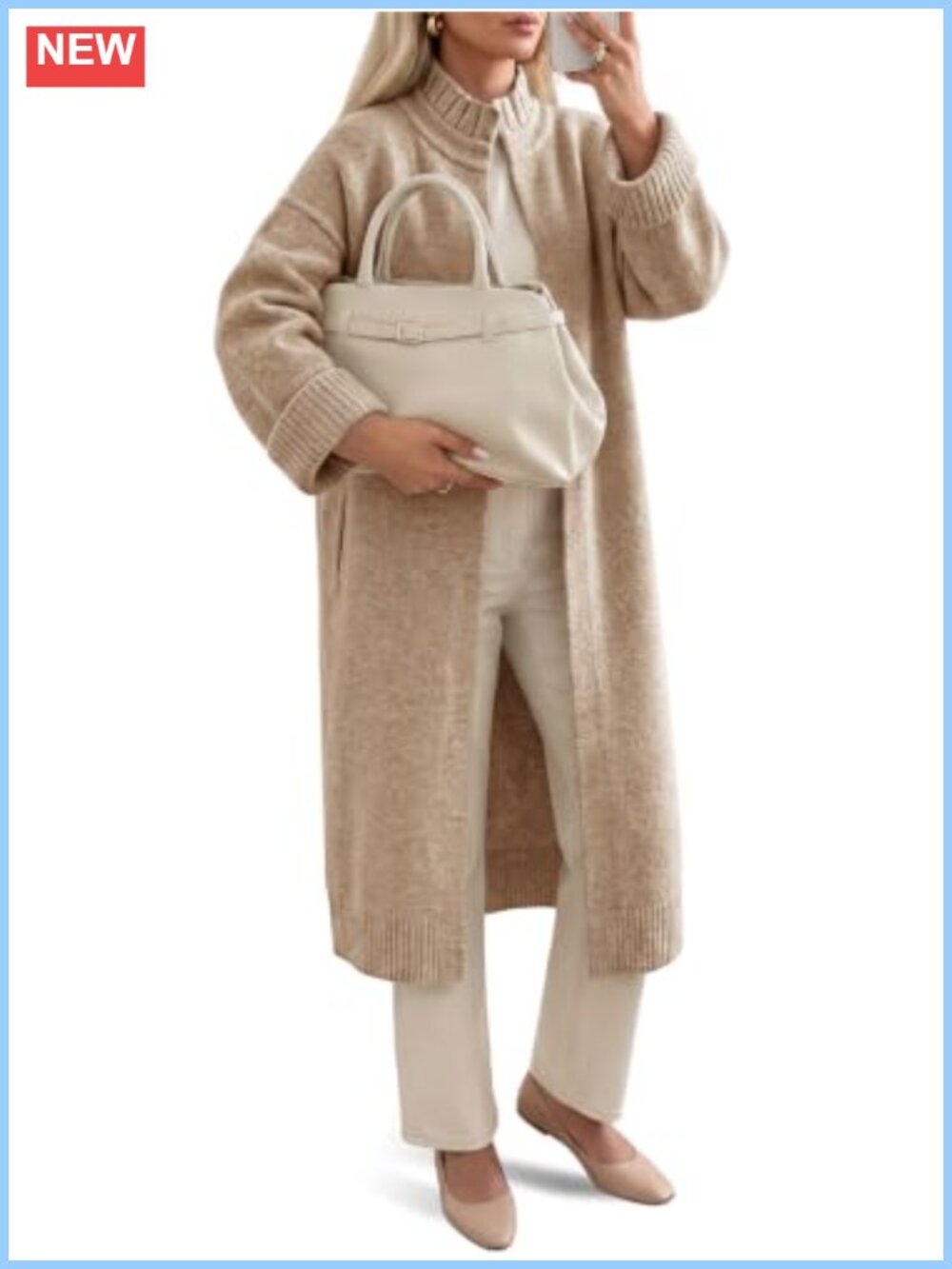Ruffle Mock Neck Open Front Long Cardigan Sweater Coatigan